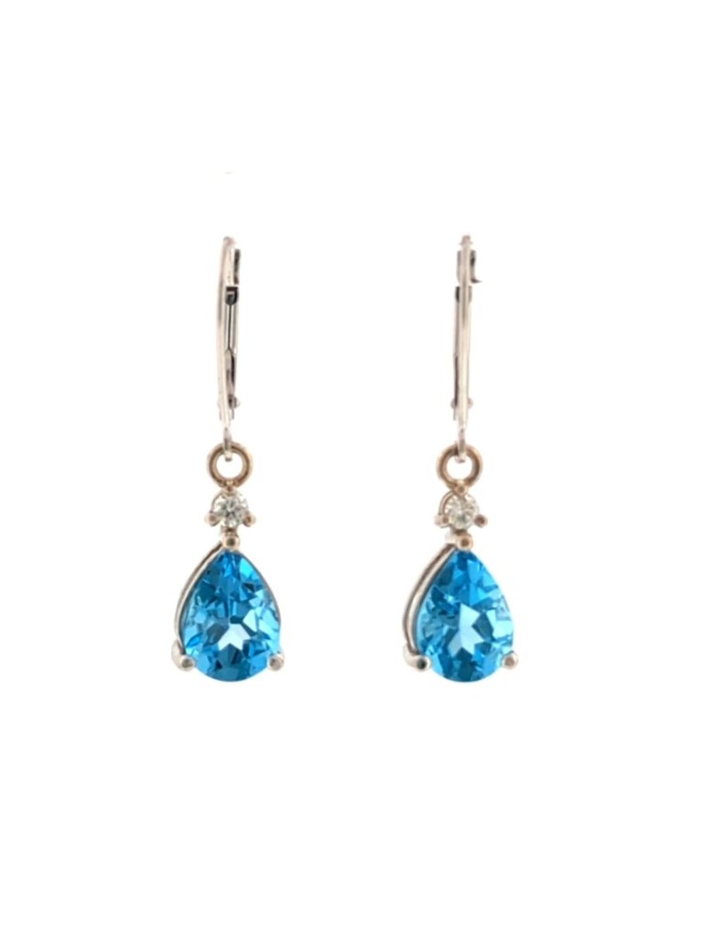 14K White Gold Pear Blue Topaz & Diamond Dangle Drop Earrings